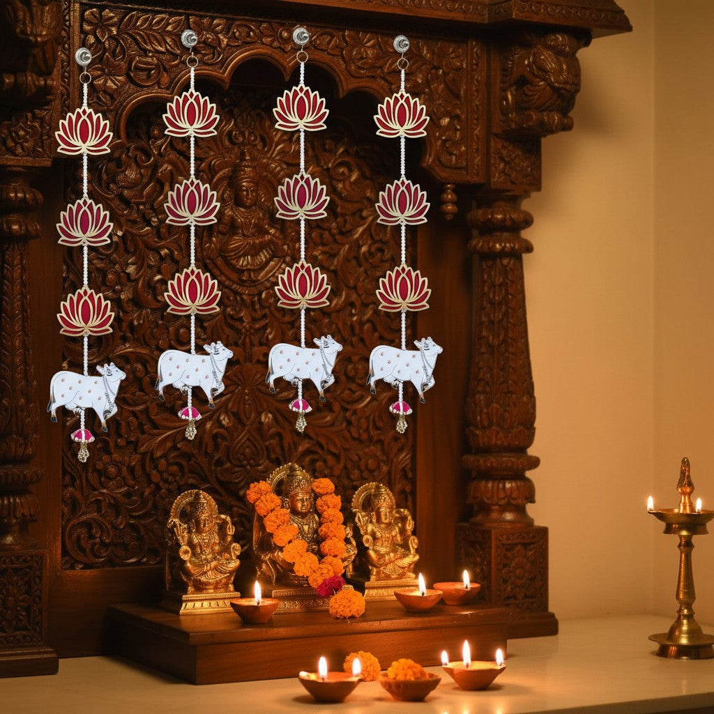 Lotus with Pichwai Cow Wall & Door Hanging for Home and Mandir Décor | Decorative Pooja Room & Temple Decoration | Diwali & Festival Hanging Décor Item