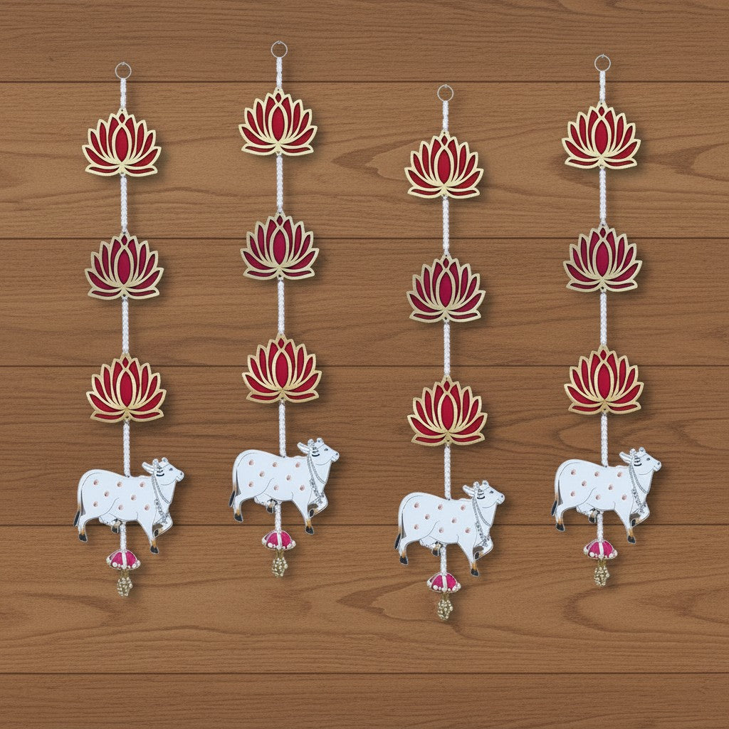 Lotus with Pichwai Cow Wall & Door Hanging for Home and Mandir Décor | Decorative Pooja Room & Temple Decoration | Diwali & Festival Hanging Décor Item