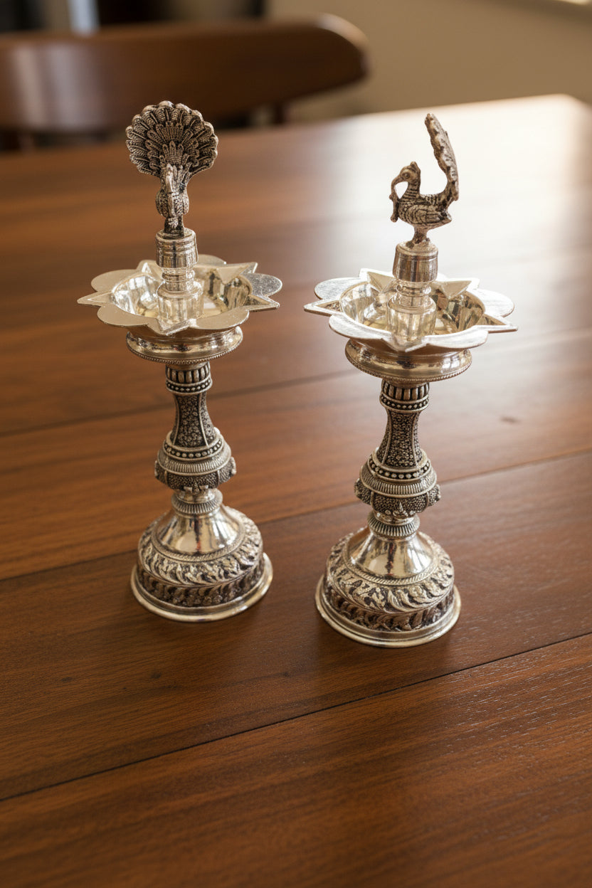 Pure Silver Plated Dancing Peacock diya with Shanku Design – Graceful Housewarming Gift & Elegant Home Décor Idol