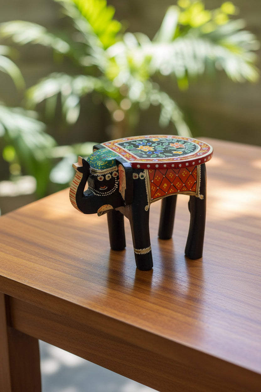 "Handcrafted embossed painted wooden elephant stool featuring vibrant multicolor artwork and traditional ethnic detailing. Perfect as a decorative animal showpiece, plant stand, side stool, or accent piece for living rooms, entryways, bedrooms, and bohemian home décor. Supports up to 15 kg."
