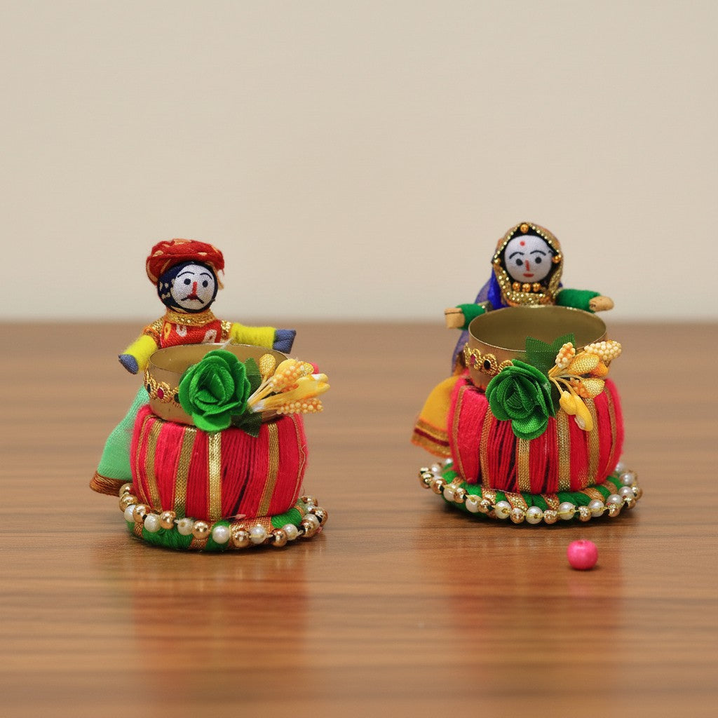 Recycled Material Rajasthani dholak Dolls Tealight Candle Holder Set of 10 | Multicolor Handmade Ethnic Home Décor & Festive Gift
