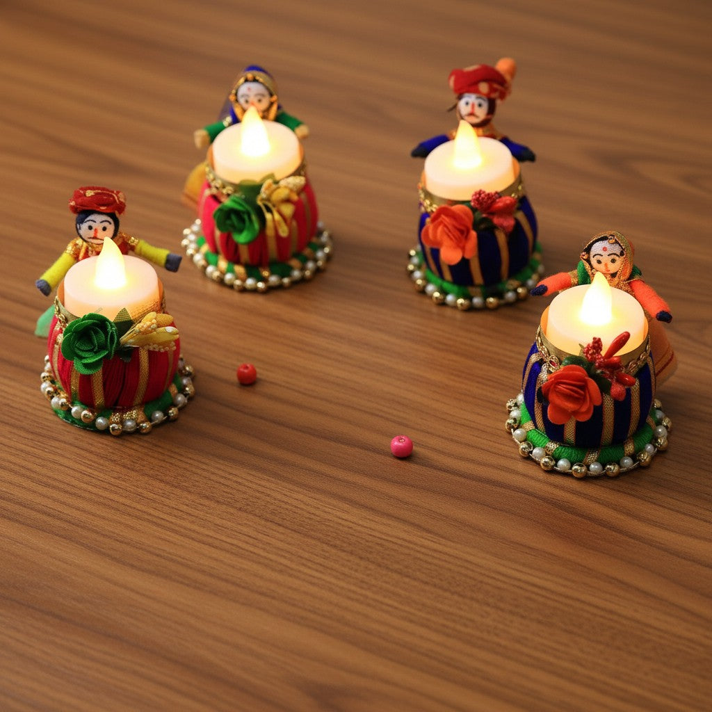 Recycled Material Rajasthani dholak Dolls Tealight Candle Holder Set of 10 | Multicolor Handmade Ethnic Home Décor & Festive Gift