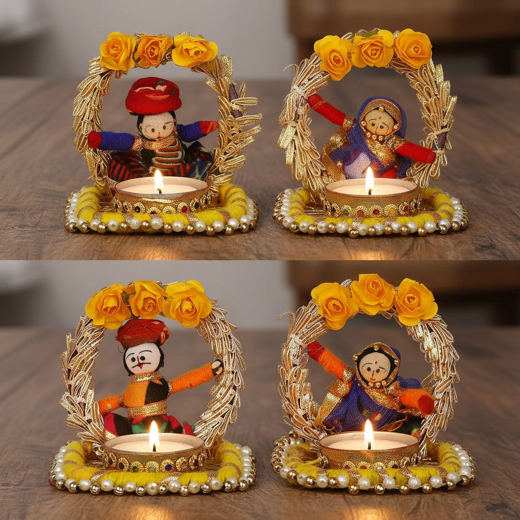 Recycled Material Rajasthani Dolls Tealight Candle Holder Set of 10 | Multicolor Handmade Ethnic Home Décor & Festive Gift