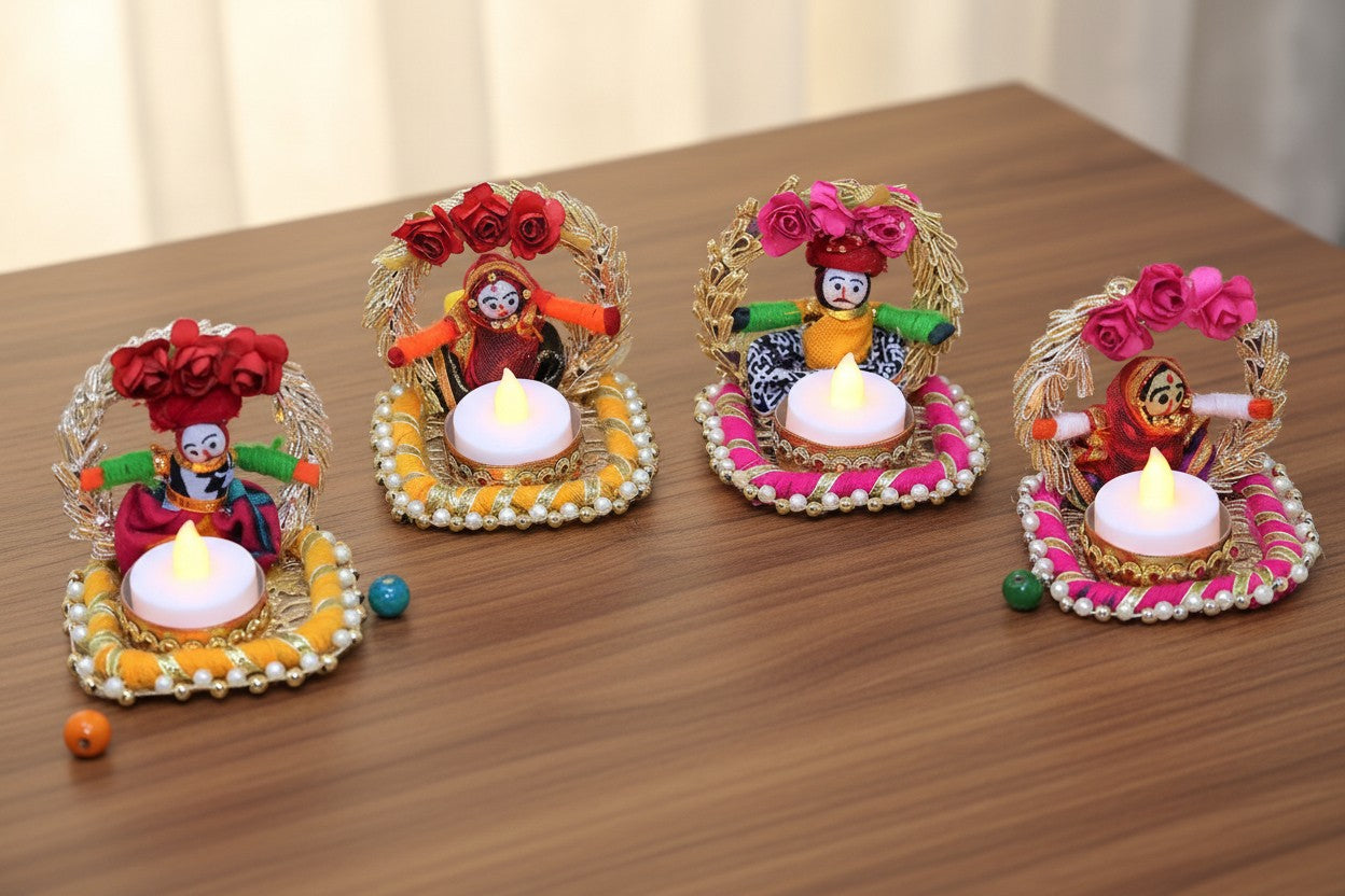 Recycled Material Rajasthani Dolls Tealight Candle Holder Set of 10 | Multicolor Handmade Ethnic Home Décor & Festive Gift