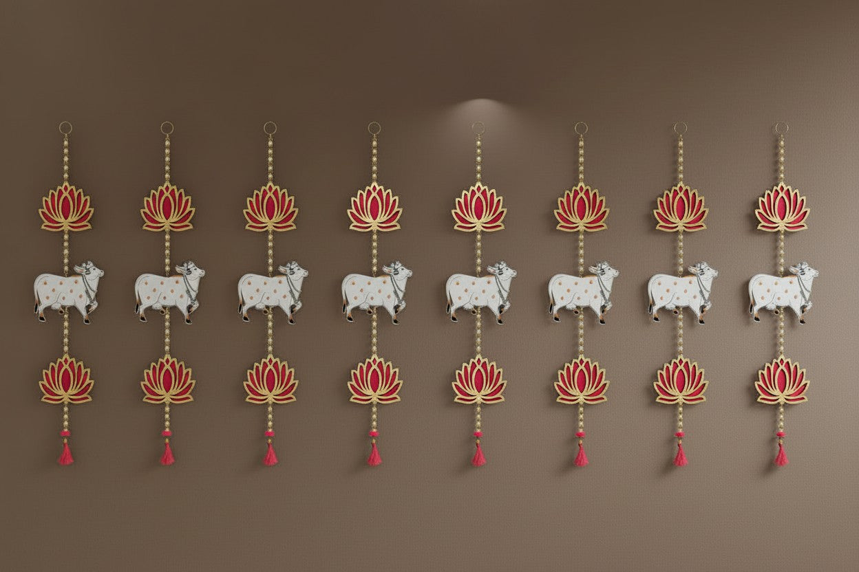 Handmade Lotus Wall Hanging for Home & Temple Décor | Floral Pichwai Cow Hanging | Diwali Decoration Item | Indian Festive Decor | 26 Inch Hanging