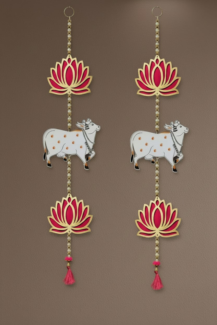 Handmade Lotus Wall Hanging for Home & Temple Décor | Floral Pichwai Cow Hanging | Diwali Decoration Item | Indian Festive Decor | 26 Inch Hanging