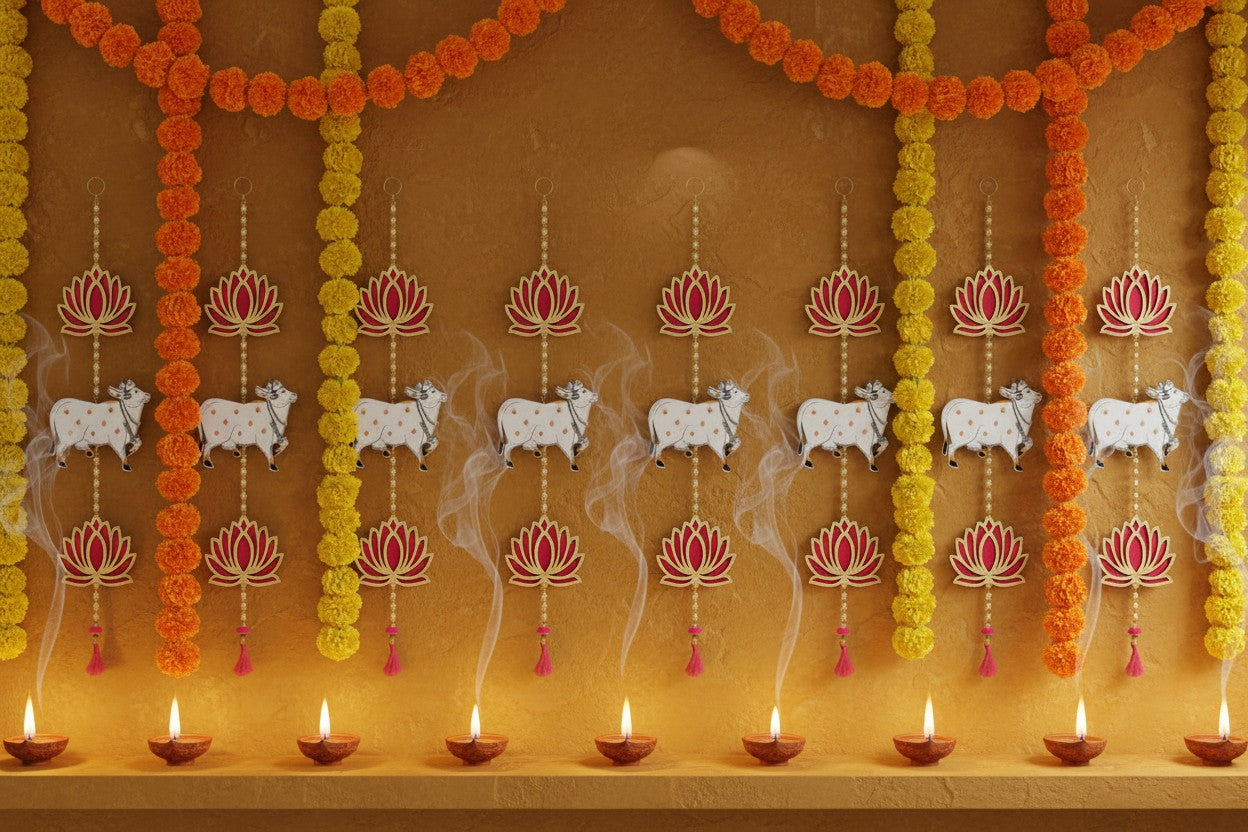 Handmade Lotus Wall Hanging for Home & Temple Décor | Floral Pichwai Cow Hanging | Diwali Decoration Item | Indian Festive Decor | 26 Inch Hanging