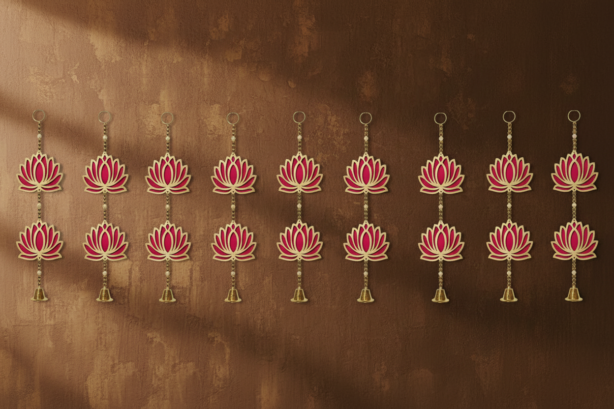 "Handmade lotus floral wall hanging backdrop for temple décor, Ganpati decoration, pooja background, and festive home styling."