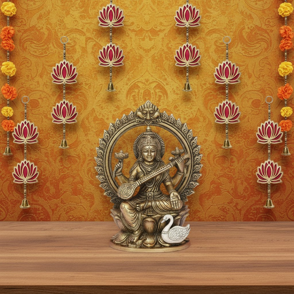 "Handmade lotus floral wall hanging backdrop for temple décor, Ganpati decoration, pooja background, and festive home styling."