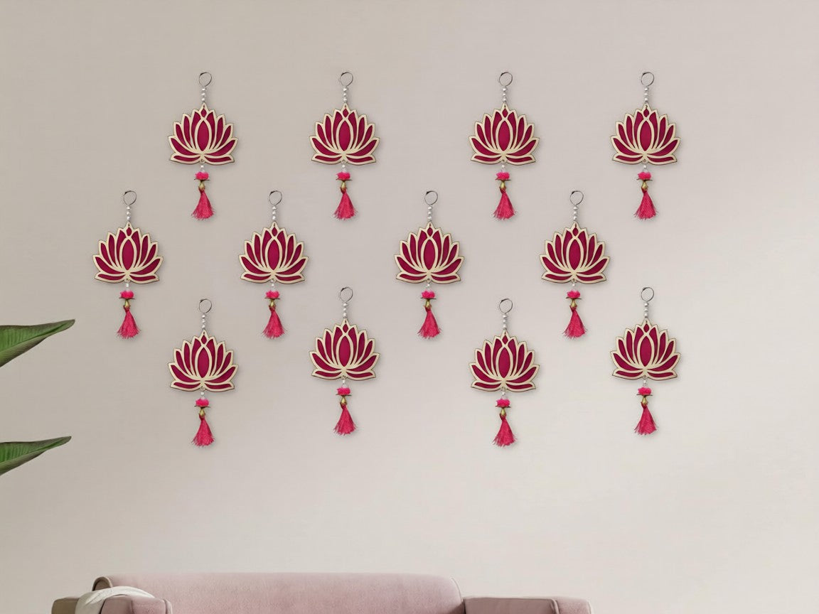 Wood Lotus Hangings for Festive & Home Decoration | Floral Wall Hanging for Temple, Mandir & Pooja Décor | Diwali & Ganpati Decoration Items | Pack of 12