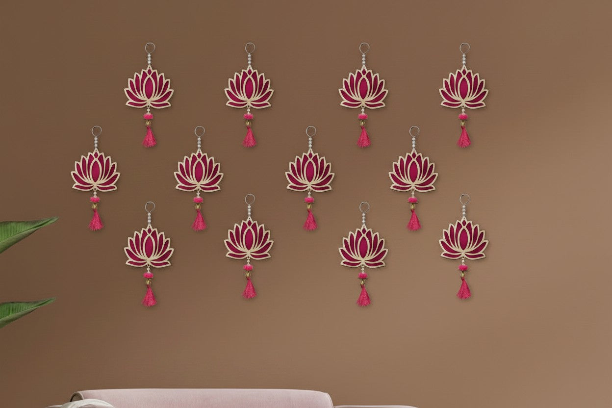Wood Lotus Hangings for Festive & Home Decoration | Floral Wall Hanging for Temple, Mandir & Pooja Décor | Diwali & Ganpati Decoration Items | Pack of 12