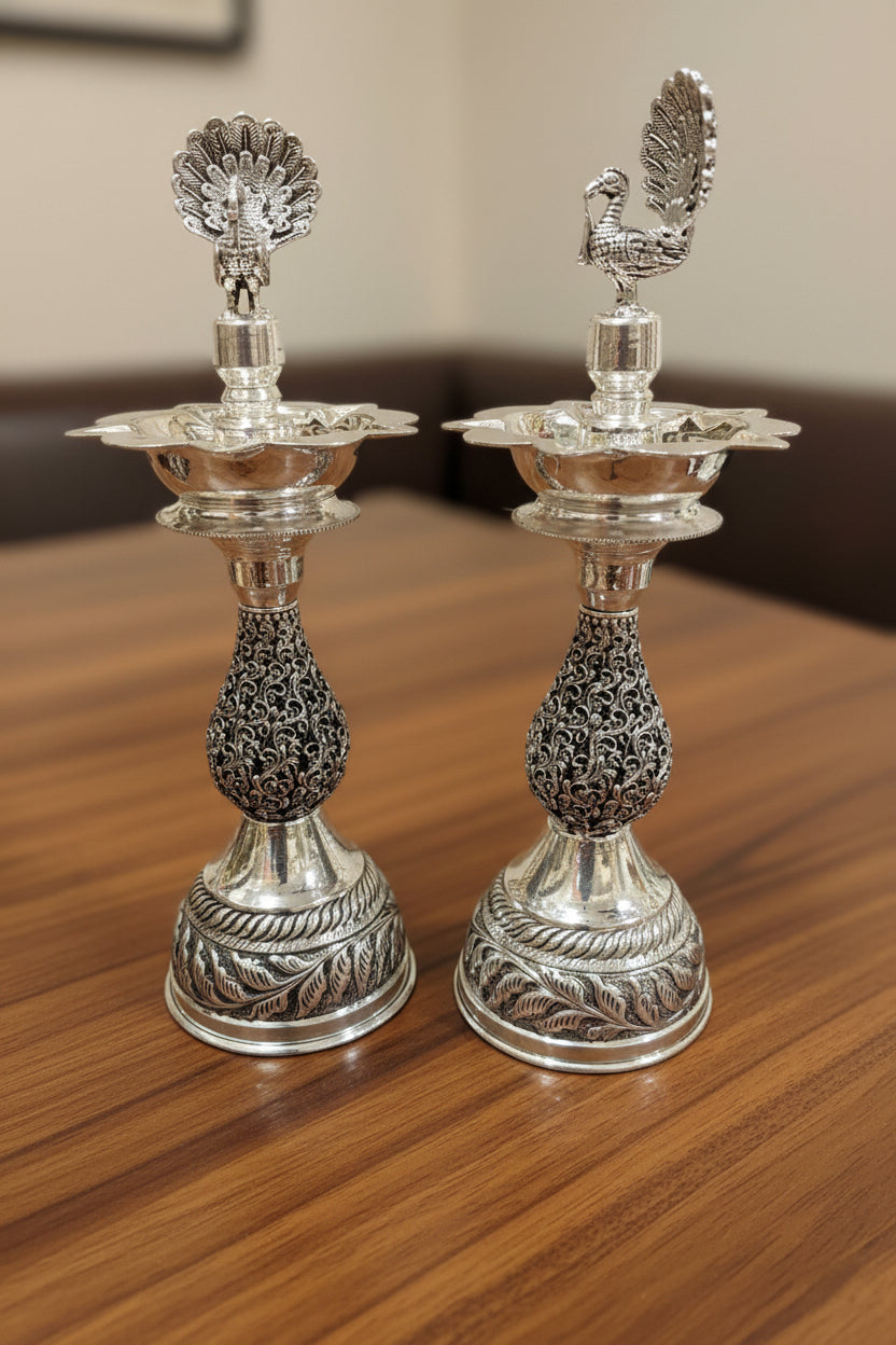 Pure Silver Plated Dancing Peacock jali  diya Design – Graceful Housewarming Gift & Elegant Home Décor Idol