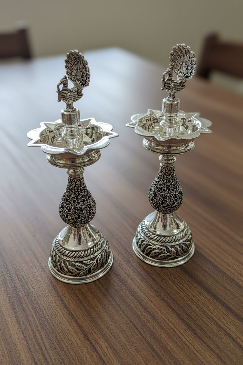 Pure Silver Plated Dancing Peacock jali  diya Design – Graceful Housewarming Gift & Elegant Home Décor Idol