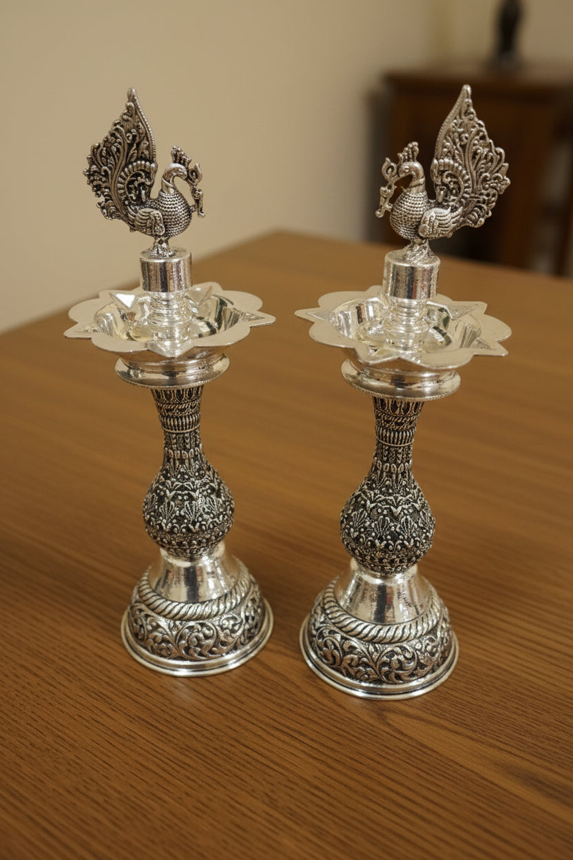 Pure Silver Plated Dancing Peacock jali  diya Design – Graceful Housewarming Gift & Elegant Home Décor Idol