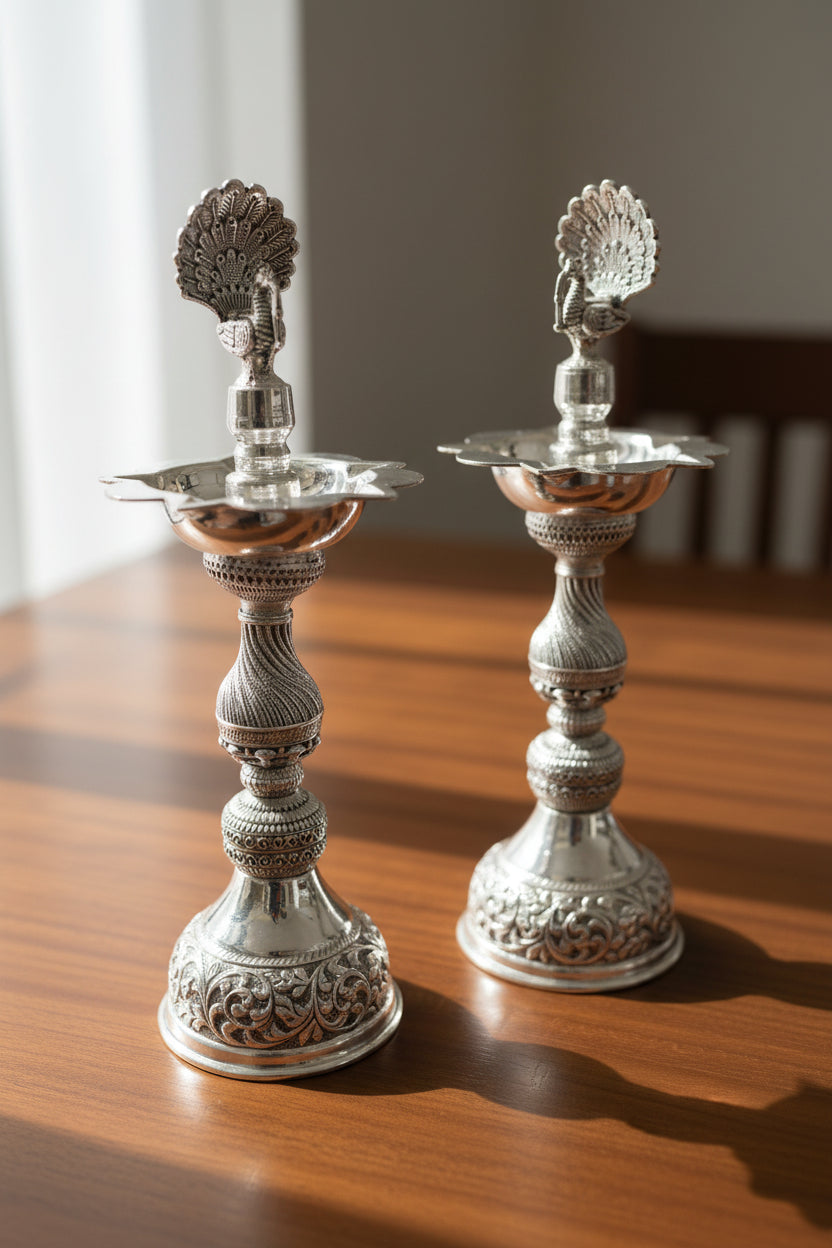 Pure Silver Plated Dancing Peacock diya – Graceful Housewarming Gift & Elegant Home Décor Idol