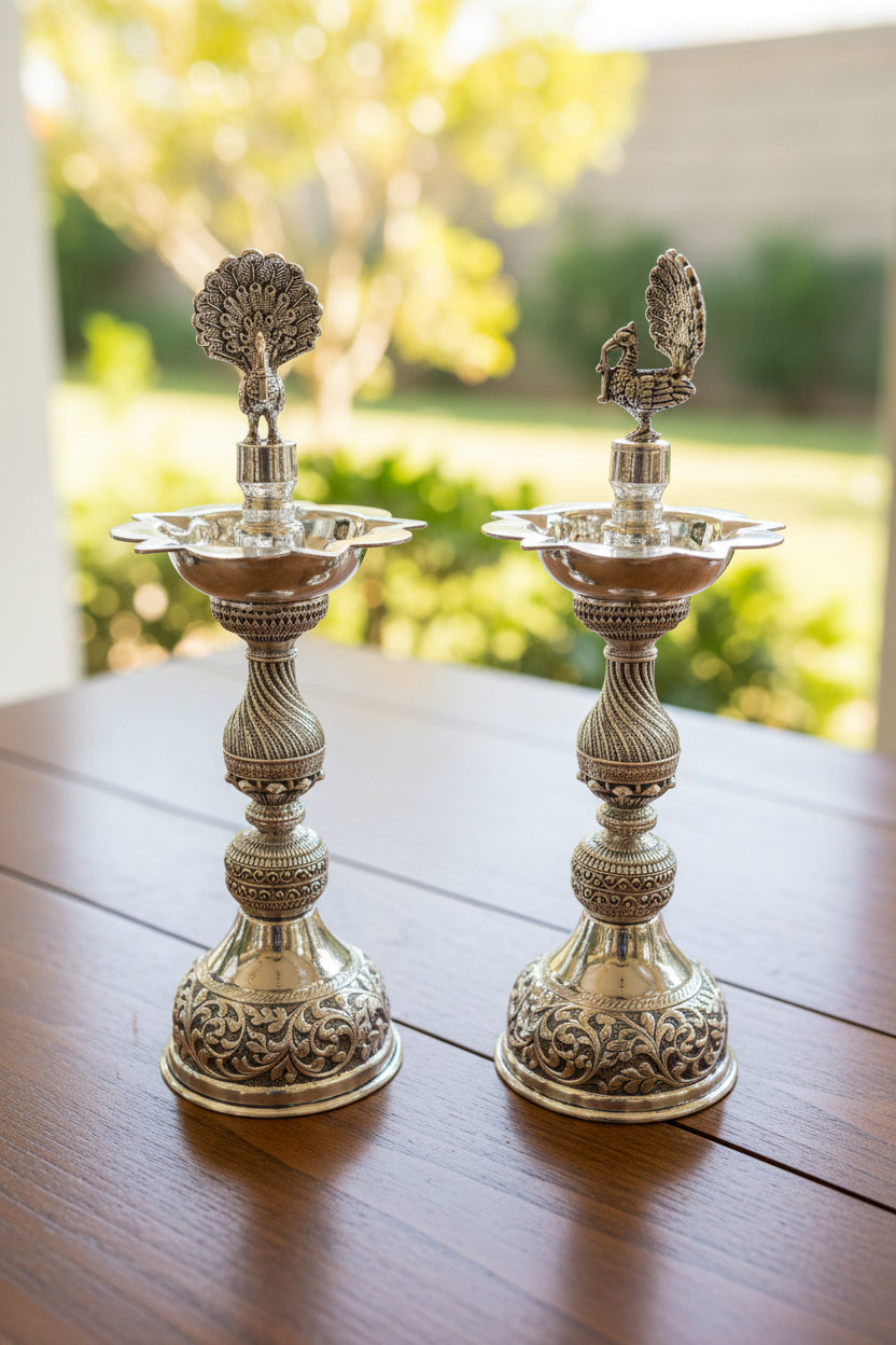 Pure Silver Plated Dancing Peacock diya – Graceful Housewarming Gift & Elegant Home Décor Idol