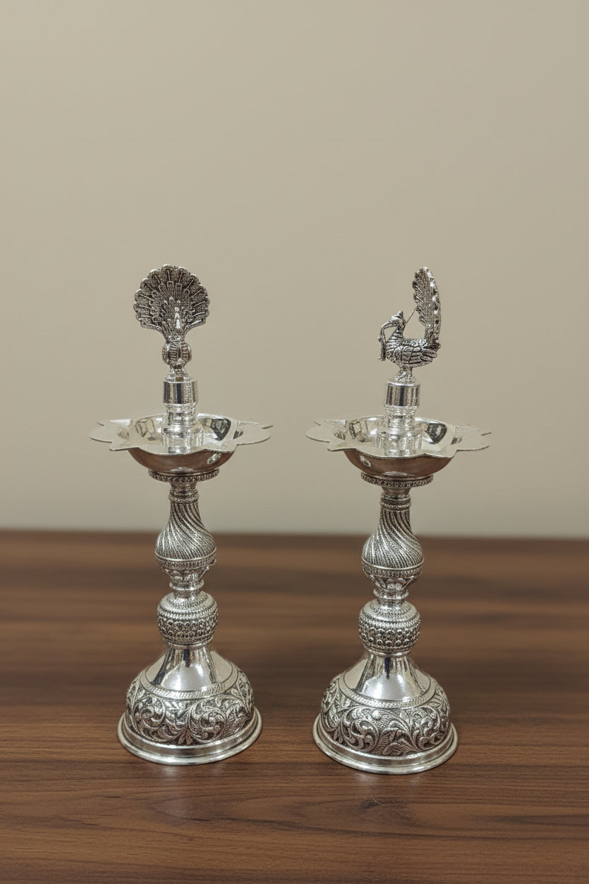 Pure Silver Plated Dancing Peacock diya – Graceful Housewarming Gift & Elegant Home Décor Idol