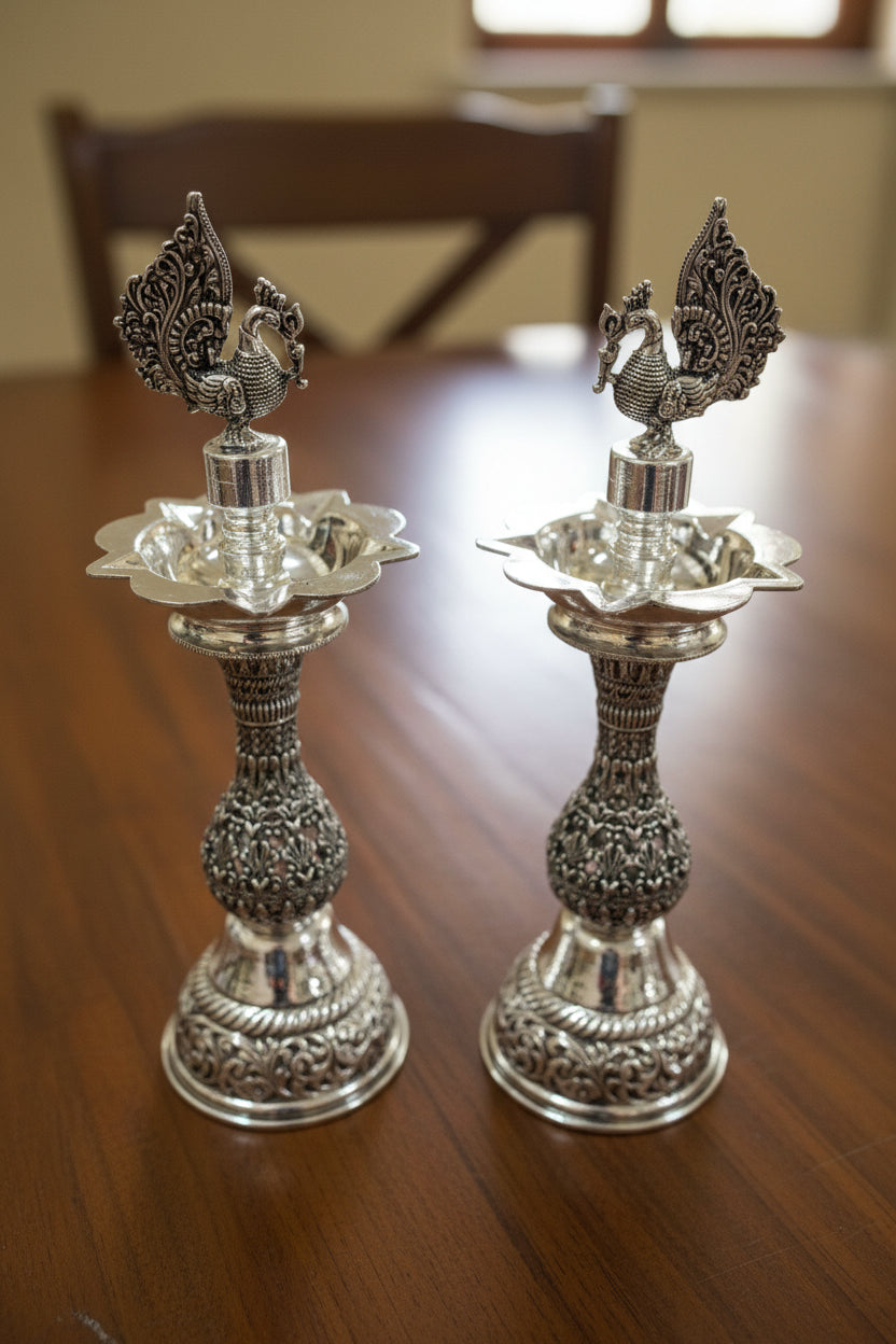 Pure Silver Plated Peacock  diya with jali design – Graceful Housewarming Gift & Elegant Home Décor Idol