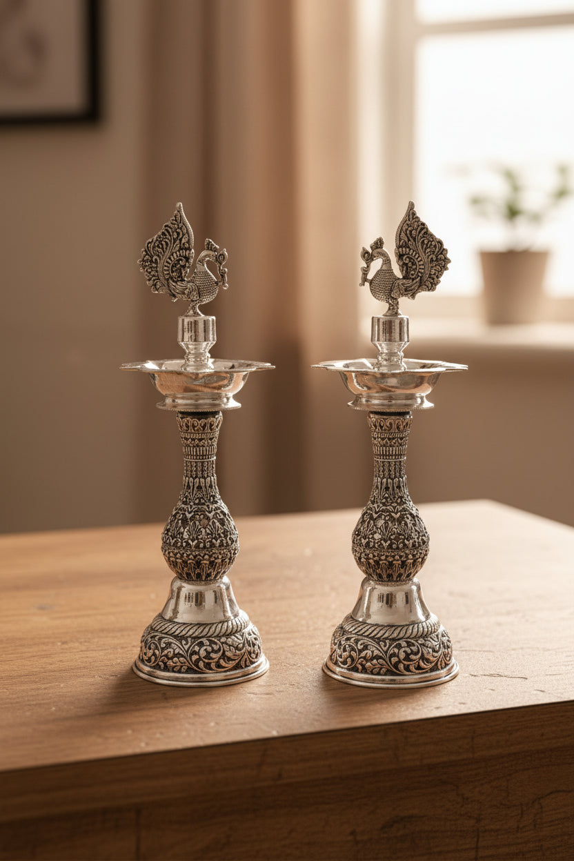 Pure Silver Plated Peacock  diya with jali design – Graceful Housewarming Gift & Elegant Home Décor Idol