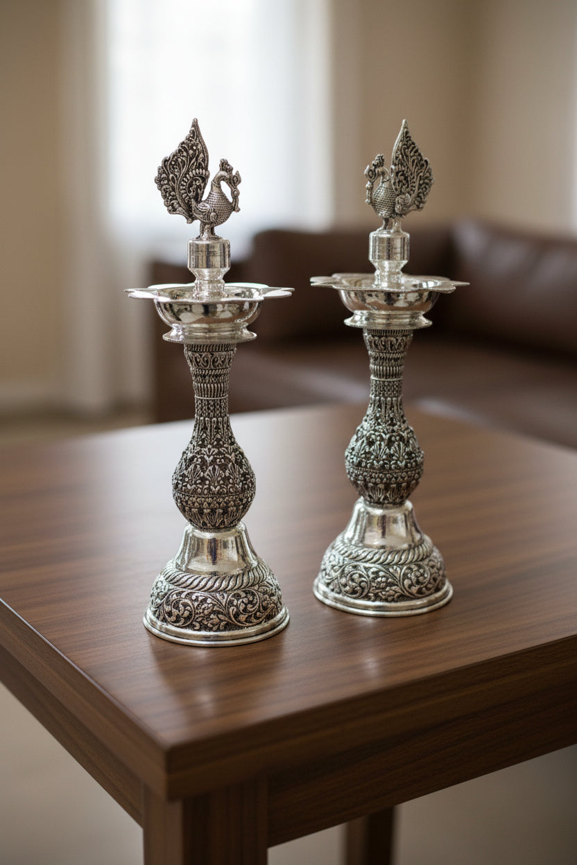 Pure Silver Plated Peacock  diya with jali design – Graceful Housewarming Gift & Elegant Home Décor Idol