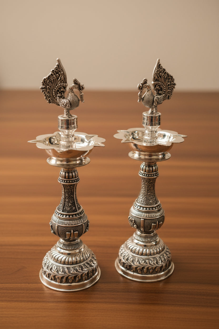 Pure Silver Plated Peacock diya with shaunku design – Graceful Housewarming Gift & Elegant Home Décor Idol
