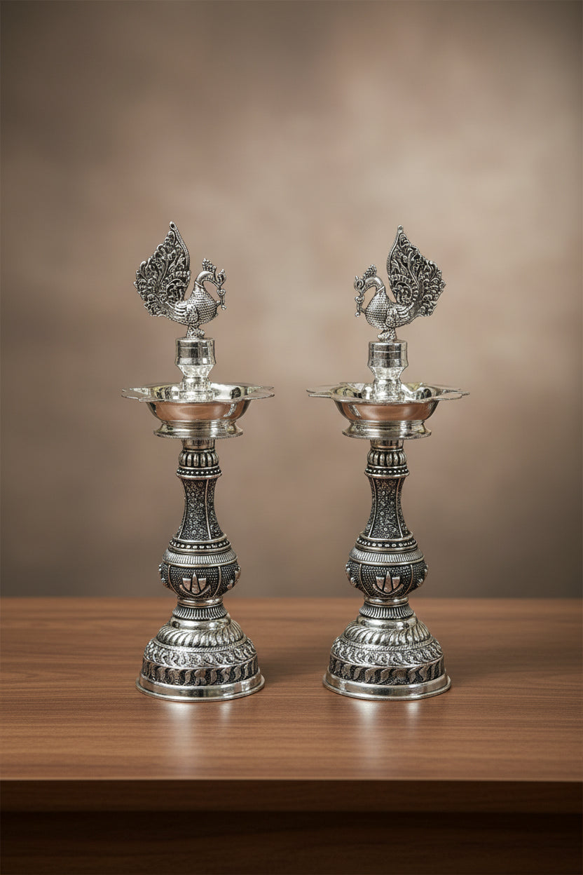 Pure Silver Plated Peacock diya with shaunku design – Graceful Housewarming Gift & Elegant Home Décor Idol