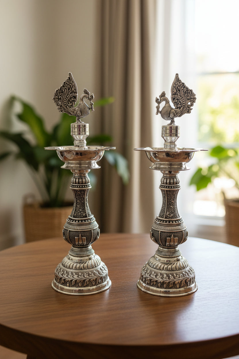 Pure Silver Plated Peacock diya with shaunku design – Graceful Housewarming Gift & Elegant Home Décor Idol