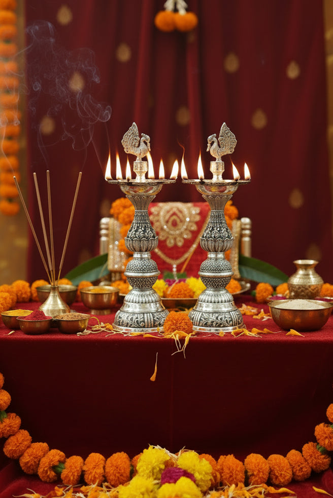 Pure Silver Plated Peacock diya – Graceful Housewarming Gift & Elegant Home Décor Idol