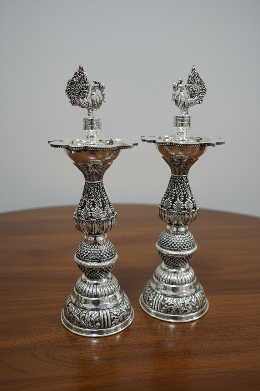 Pure Silver Plated Peacock diya – Graceful Housewarming Gift & Elegant Home Décor Idol
