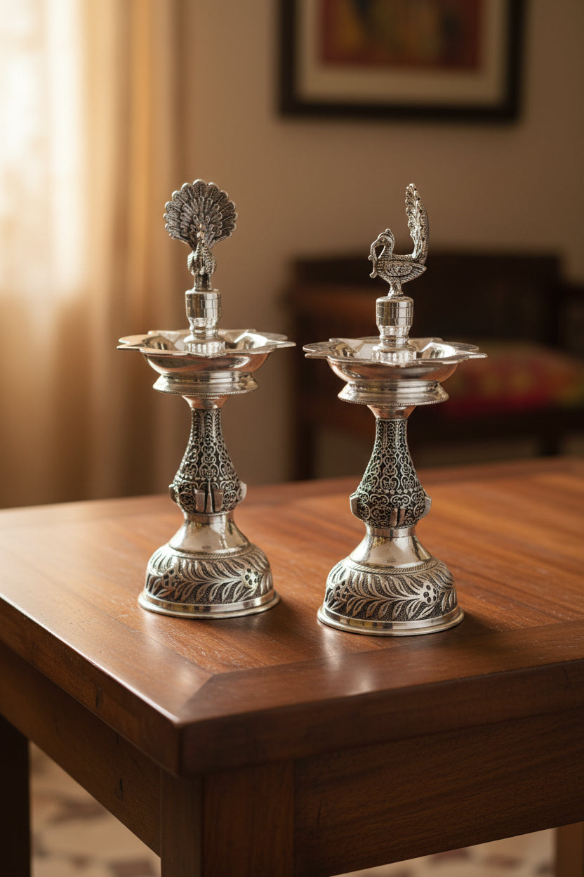 Pure Silver Plated dancing Peacock diya – Graceful Housewarming Gift & Elegant Home Décor Idol, 11"