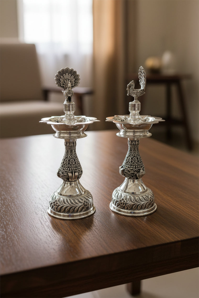 Pure Silver Plated dancing Peacock diya – Graceful Housewarming Gift & Elegant Home Décor Idol, 11"