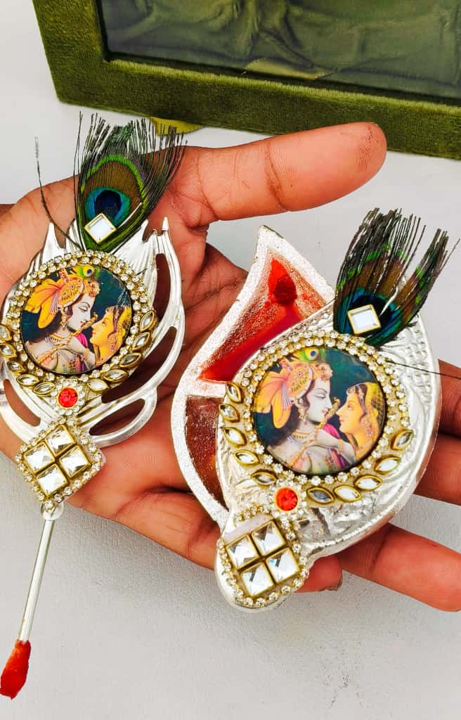 German silver Flute RADHA KRISHNA Krishna with original peacock feather design Tilak stick with sliding Roli chawal chopra set