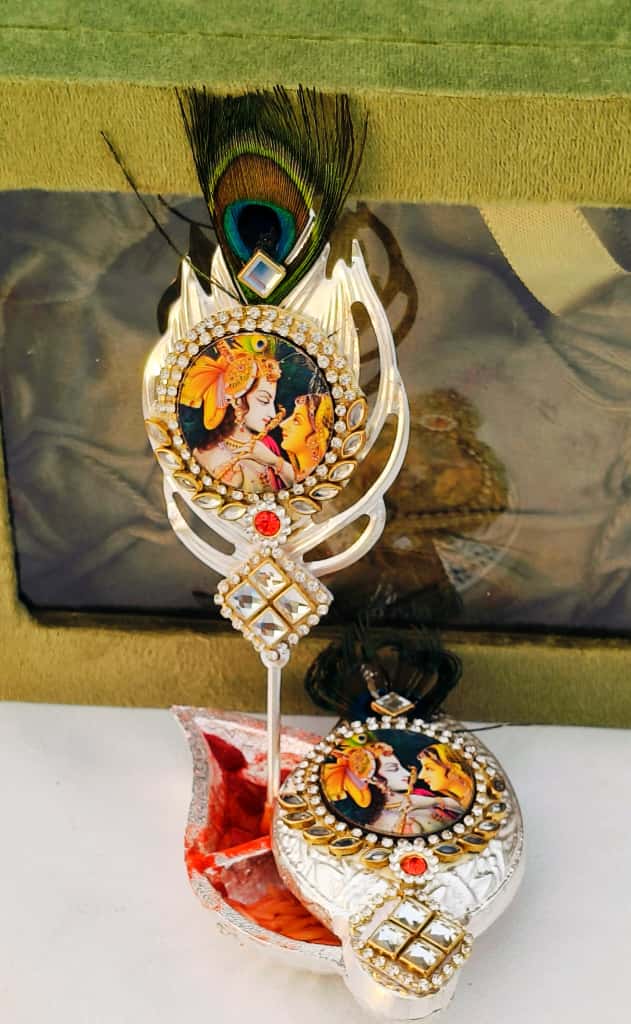 German silver Flute RADHA KRISHNA Krishna with original peacock feather design Tilak stick with sliding Roli chawal chopra set, 5 sets in a gift box