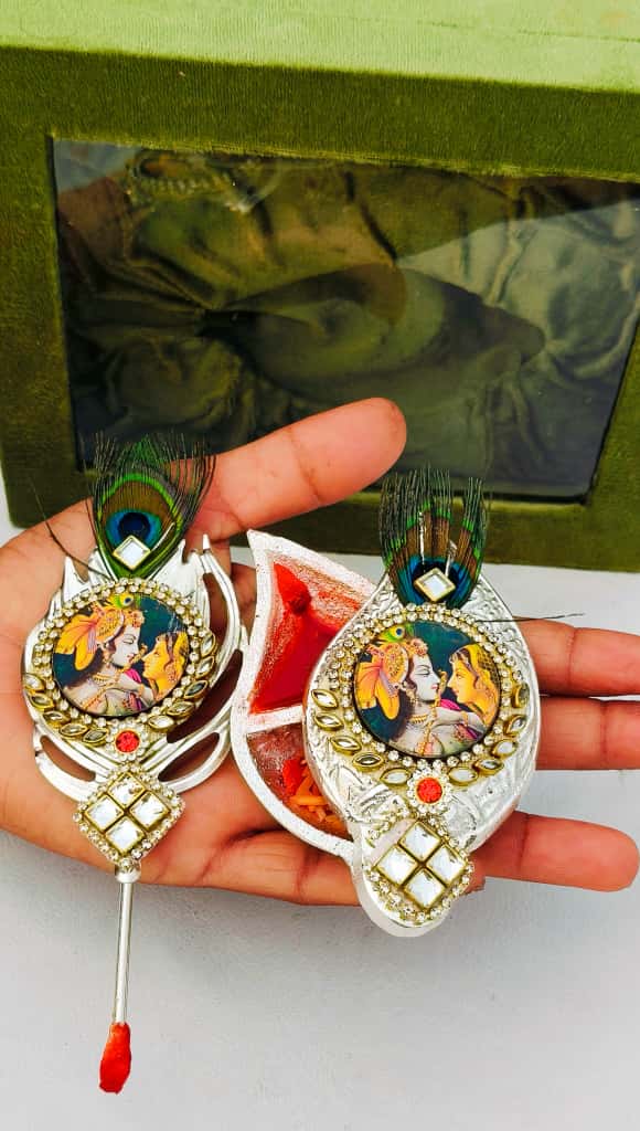 German silver Flute RADHA KRISHNA Krishna with original peacock feather design Tilak stick with sliding Roli chawal chopra set