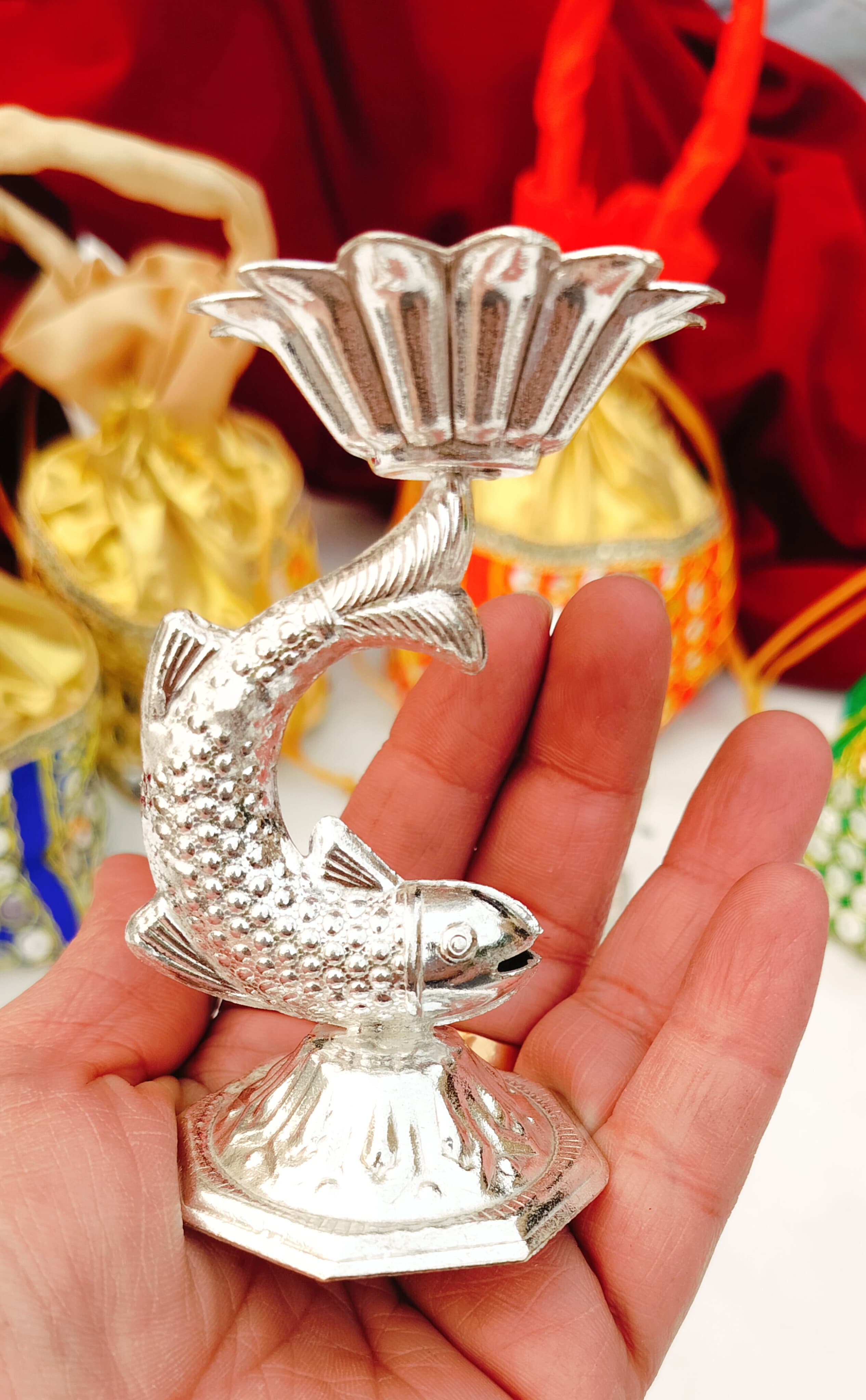 German silver Nakkashi fish diya set of 10 diyas for diwali décor