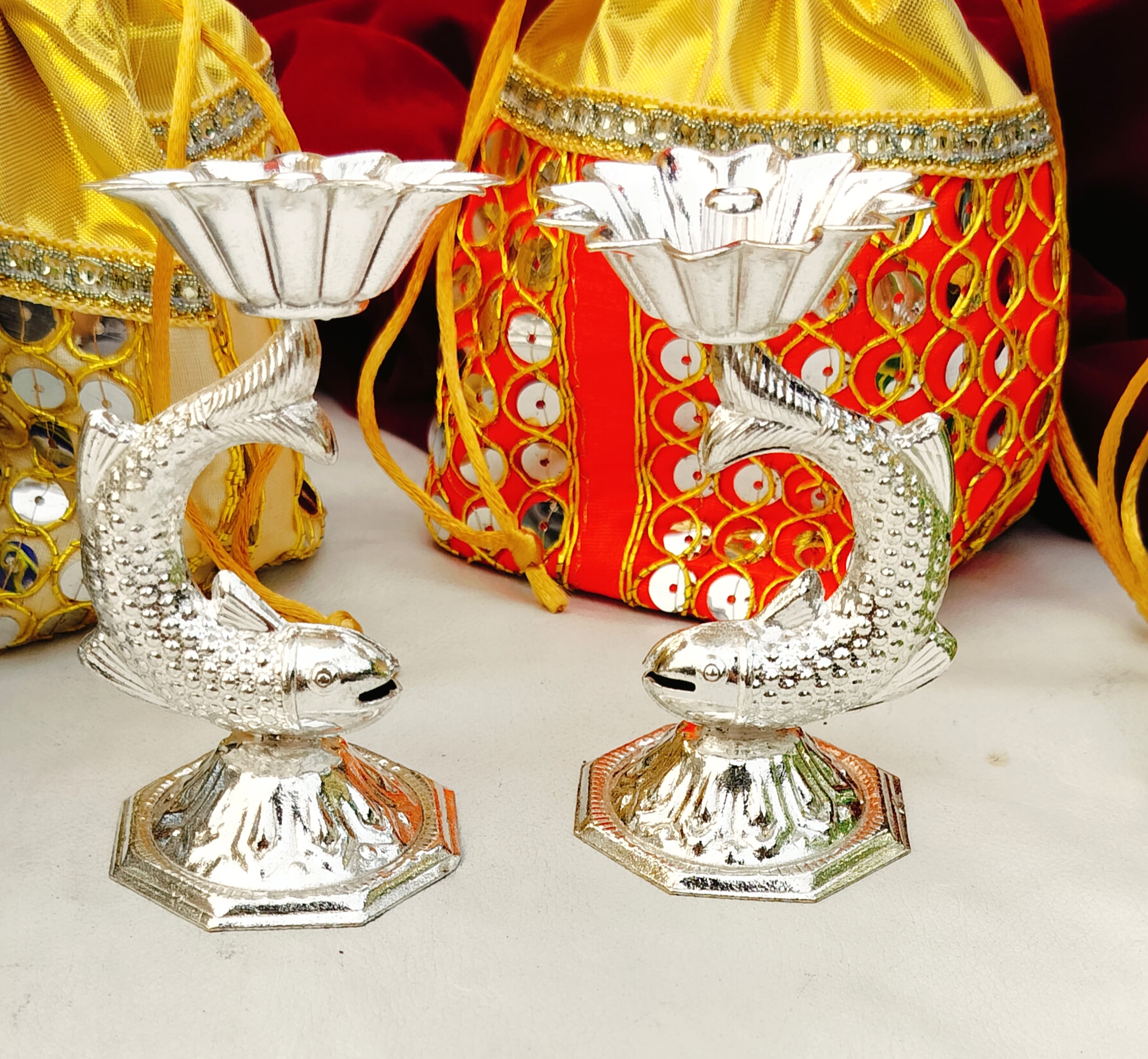 German silver Nakkashi fish diya set of 10 diyas for diwali décor