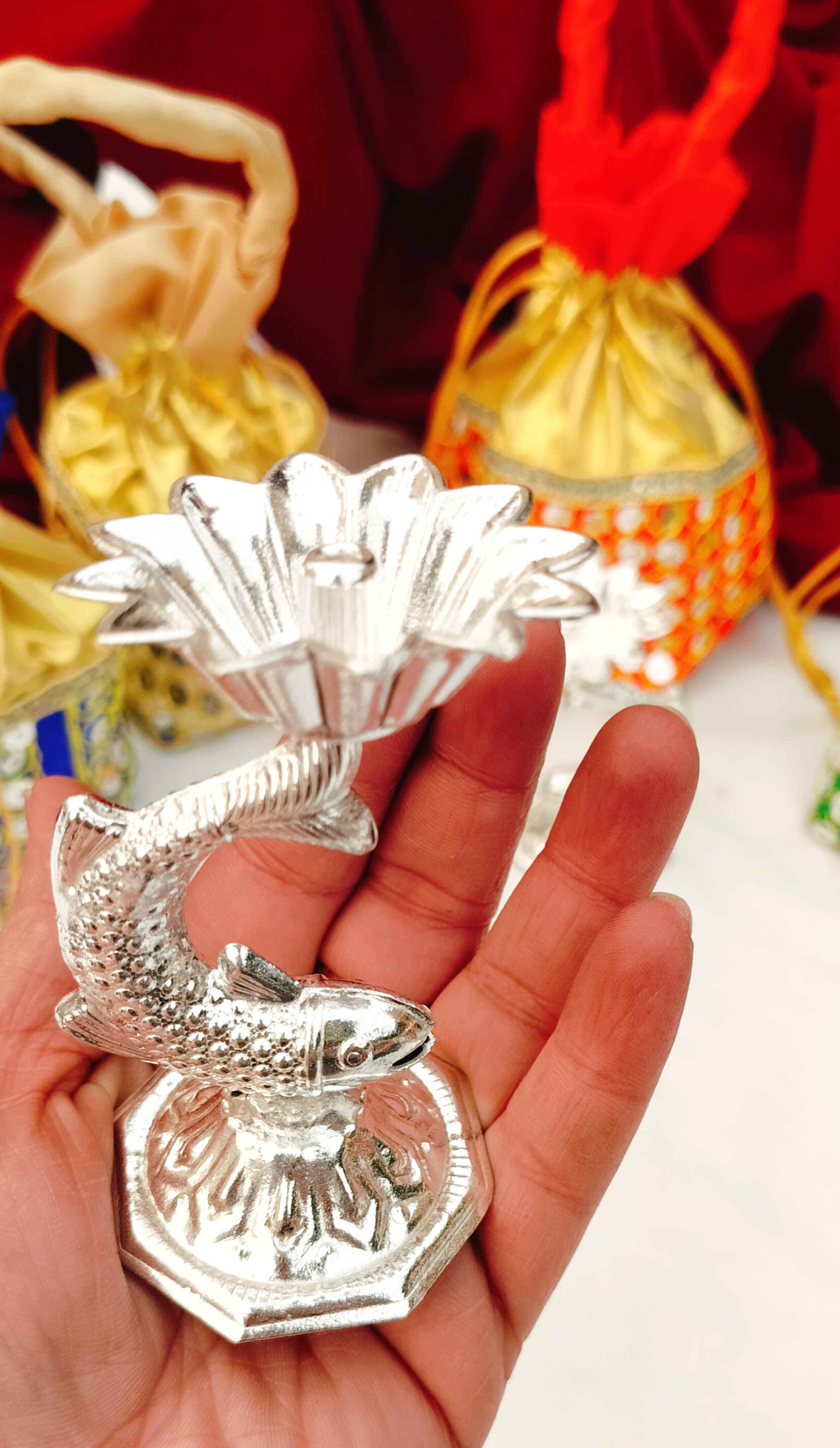 German silver Nakkashi fish diya set of 10 diyas for diwali décor