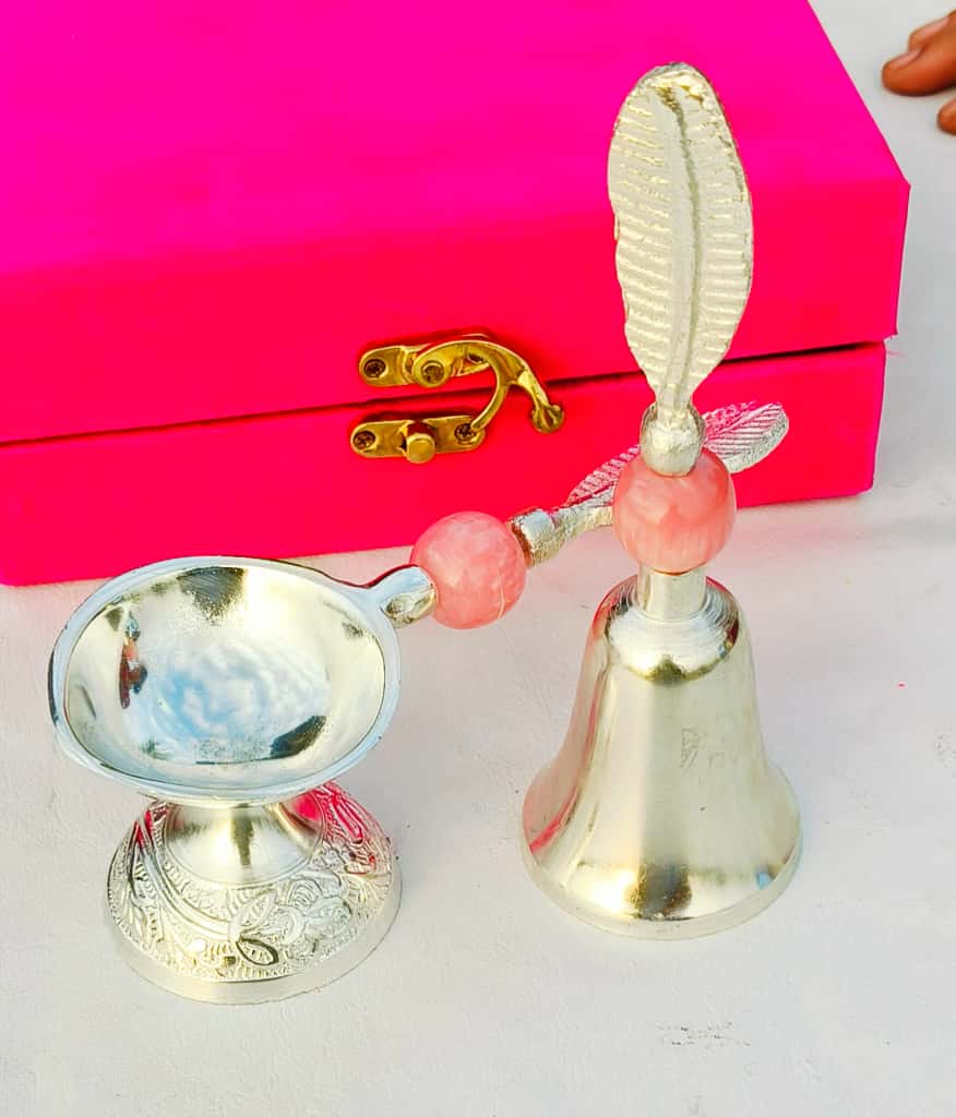 German pink resin stone Bell with handle diya set in a gift box