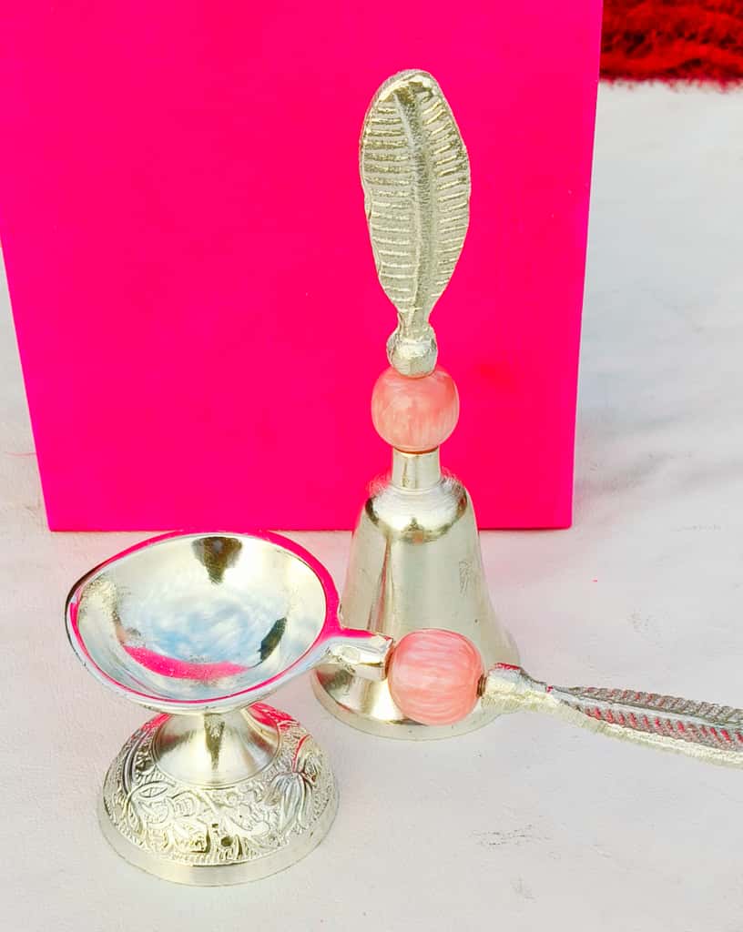 German pink resin stone Bell with handle diya set in a gift box