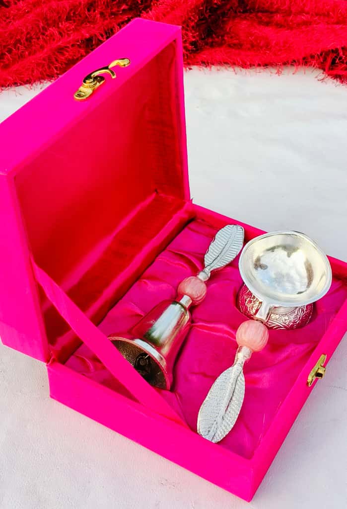 German pink resin stone Bell with handle diya set in a gift box