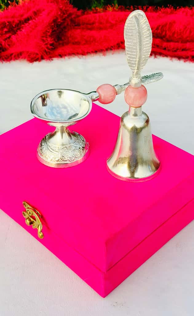 German pink resin stone Bell with handle diya set in a gift box