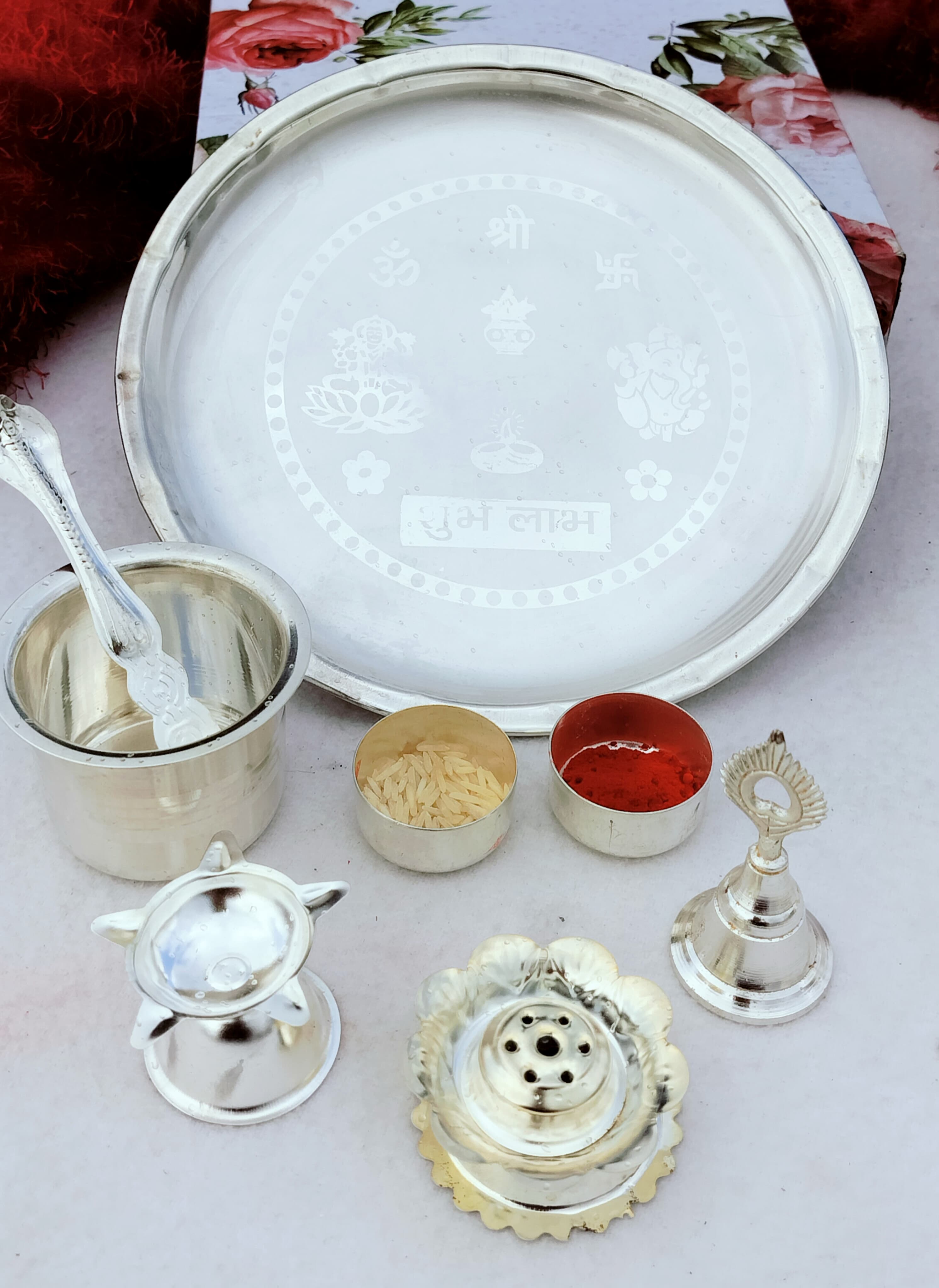 german silver small pooja thali set for diwali/ housewarming/ gift item