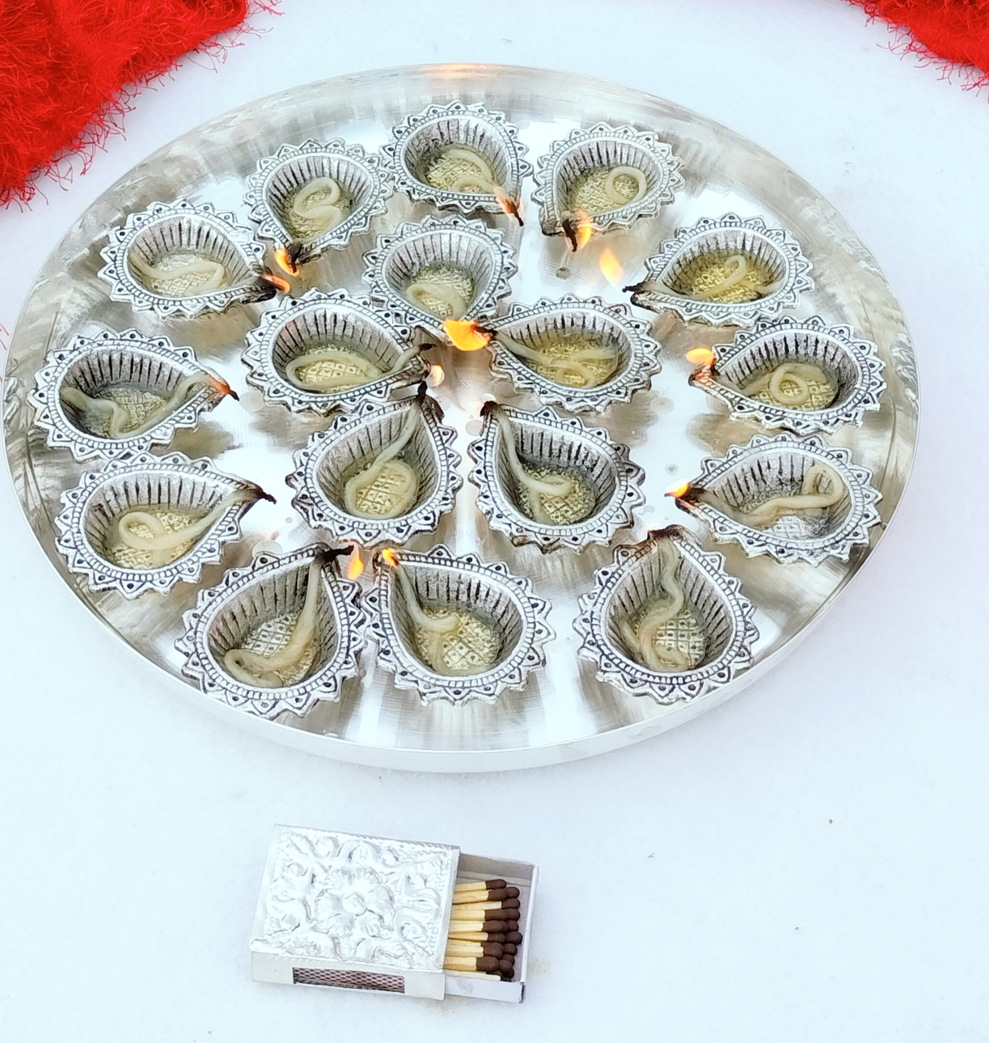 German silver 16 diya MAHALAKSHMI aarti thali set with match box cover