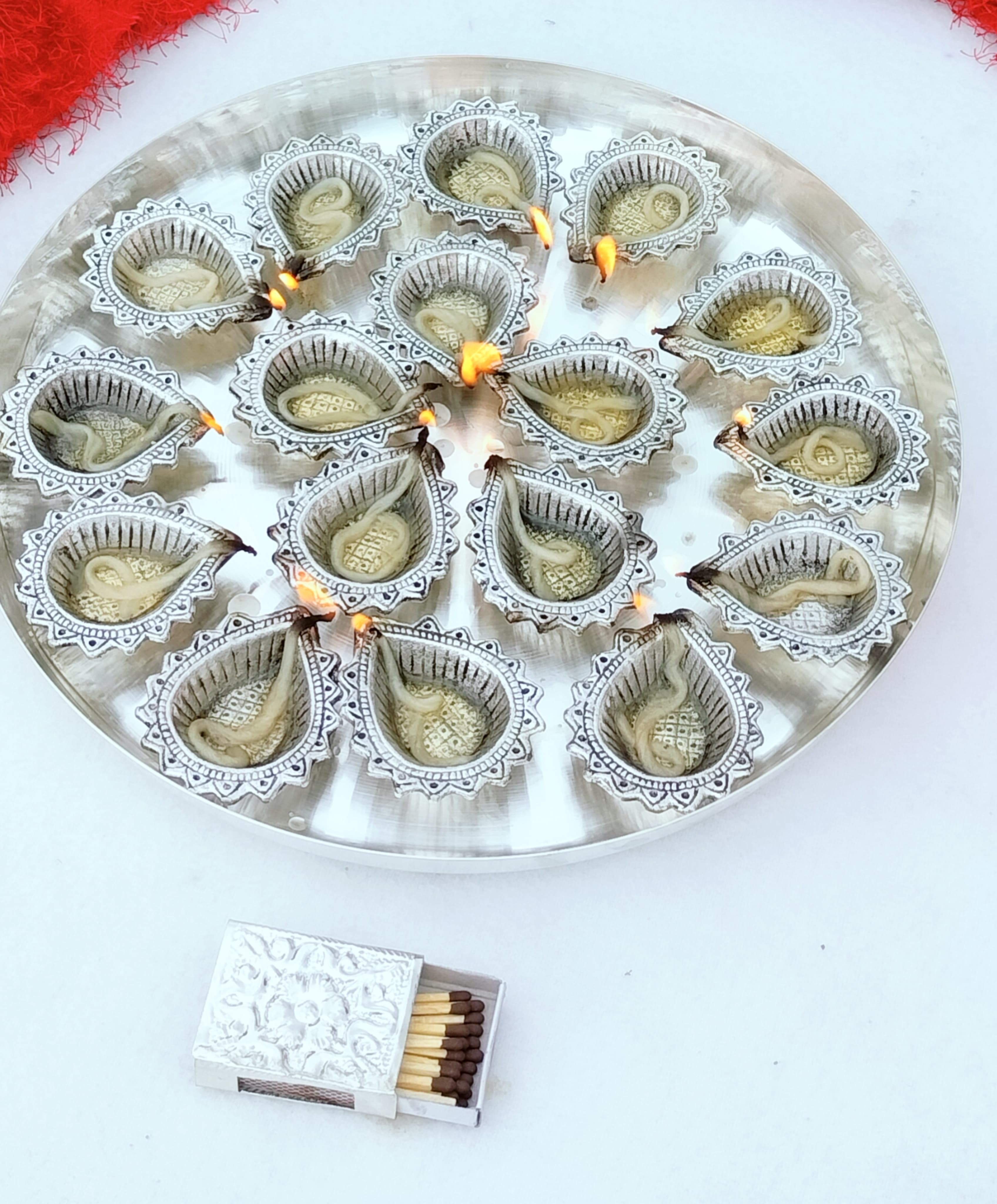 German silver 16 diya MAHALAKSHMI aarti thali set with match box cover
