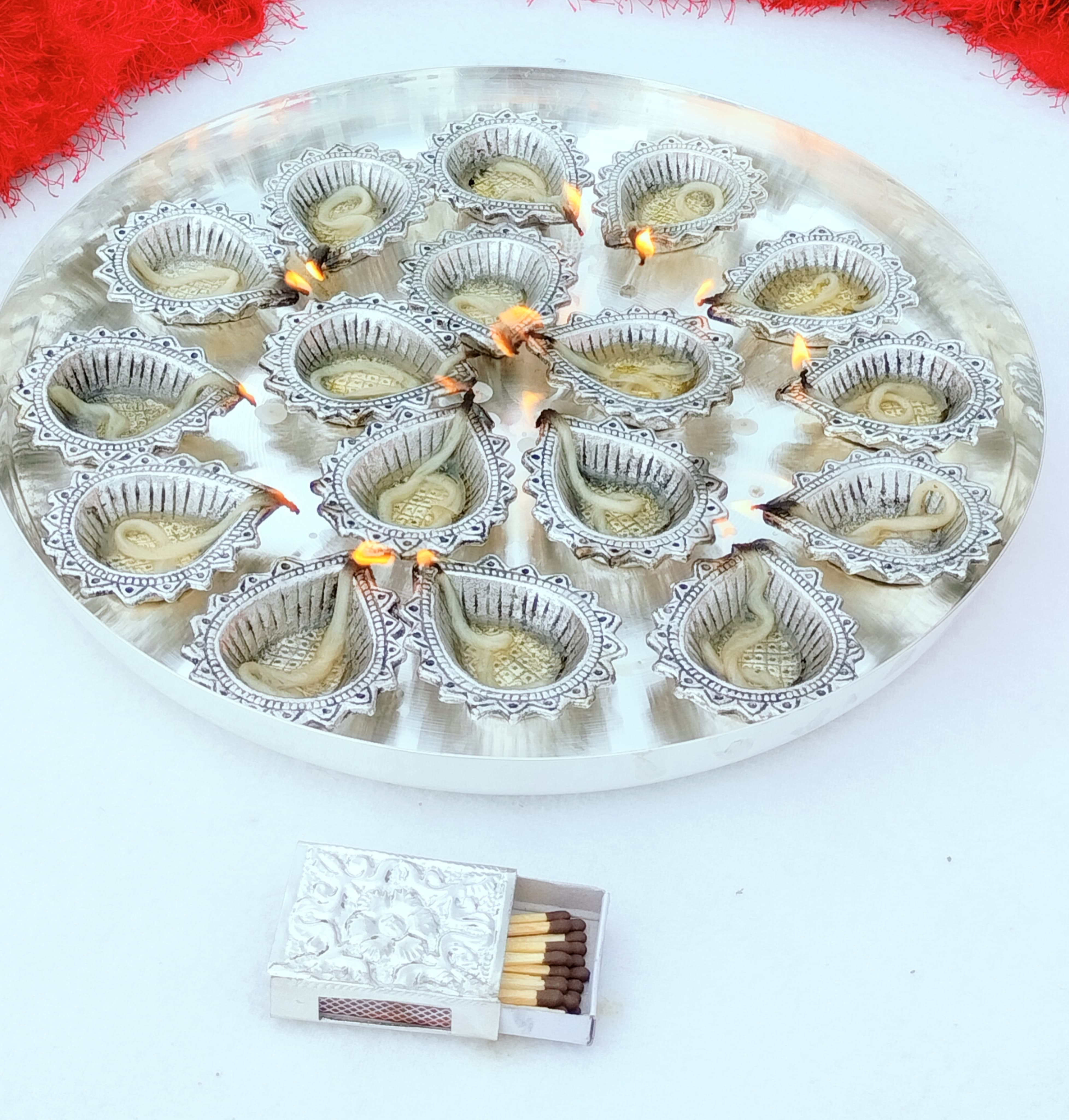 German silver 16 diya MAHALAKSHMI aarti thali set with match box cover