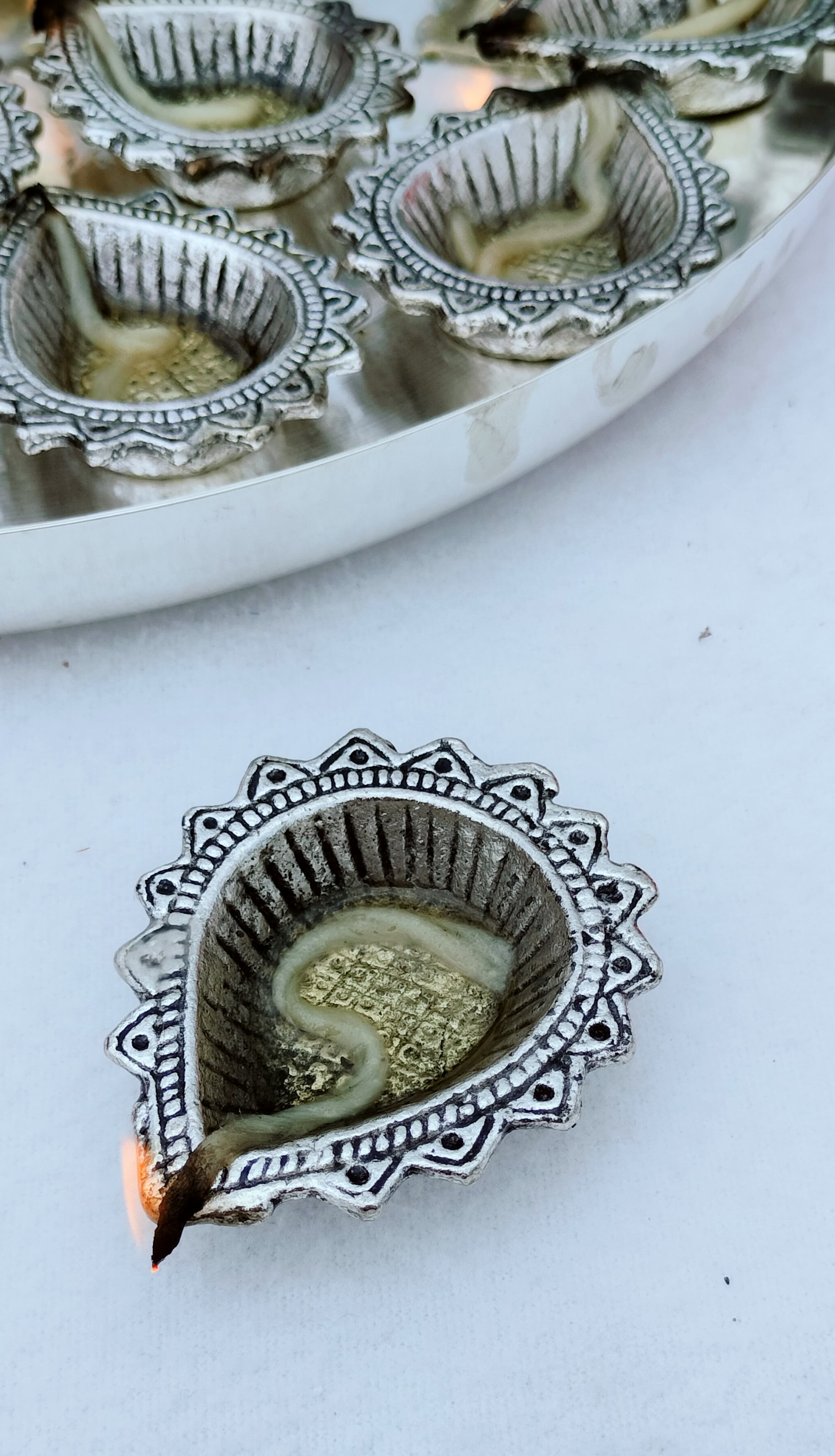 German silver 16 diya MAHALAKSHMI aarti thali set with match box cover