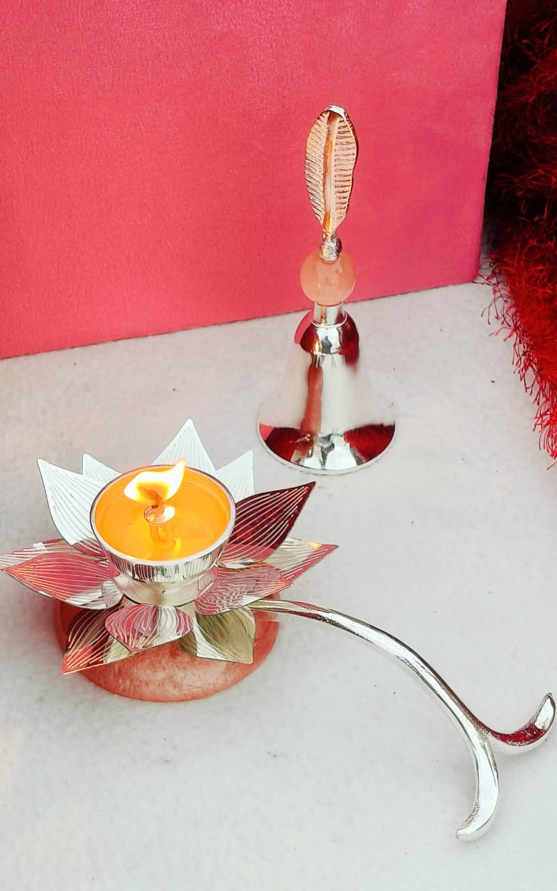 German silver lotus  handle diya work pink leaf Bell set in a gift box