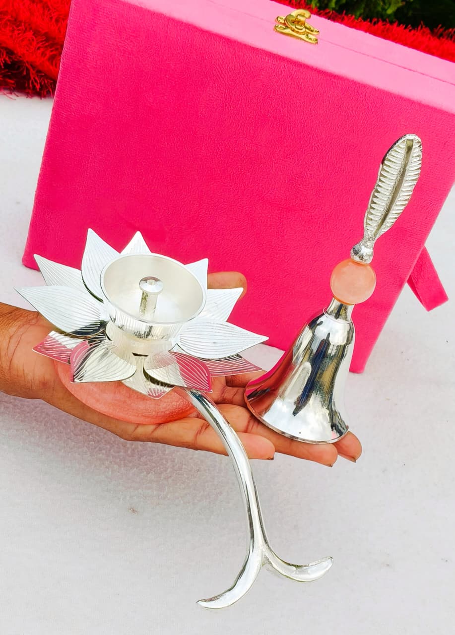 German silver lotus  handle diya work pink leaf Bell set in a gift box