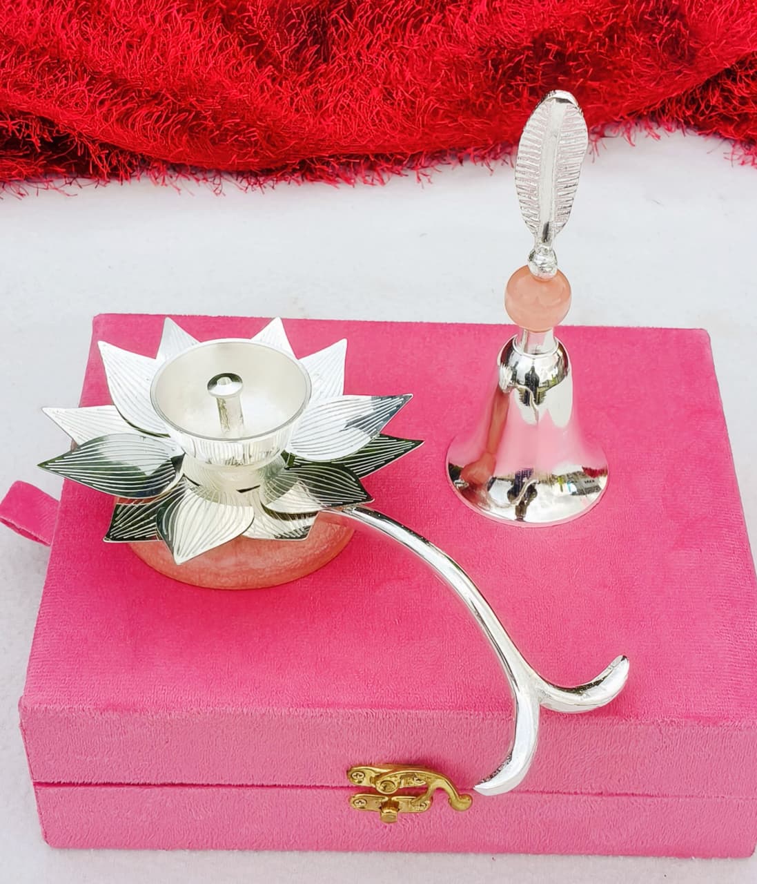 German silver lotus  handle diya work pink leaf Bell set in a gift box