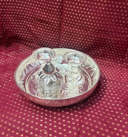 german silver plate with 2 diya and mangal kalash for diwali/ housewarming, 4 pieces set